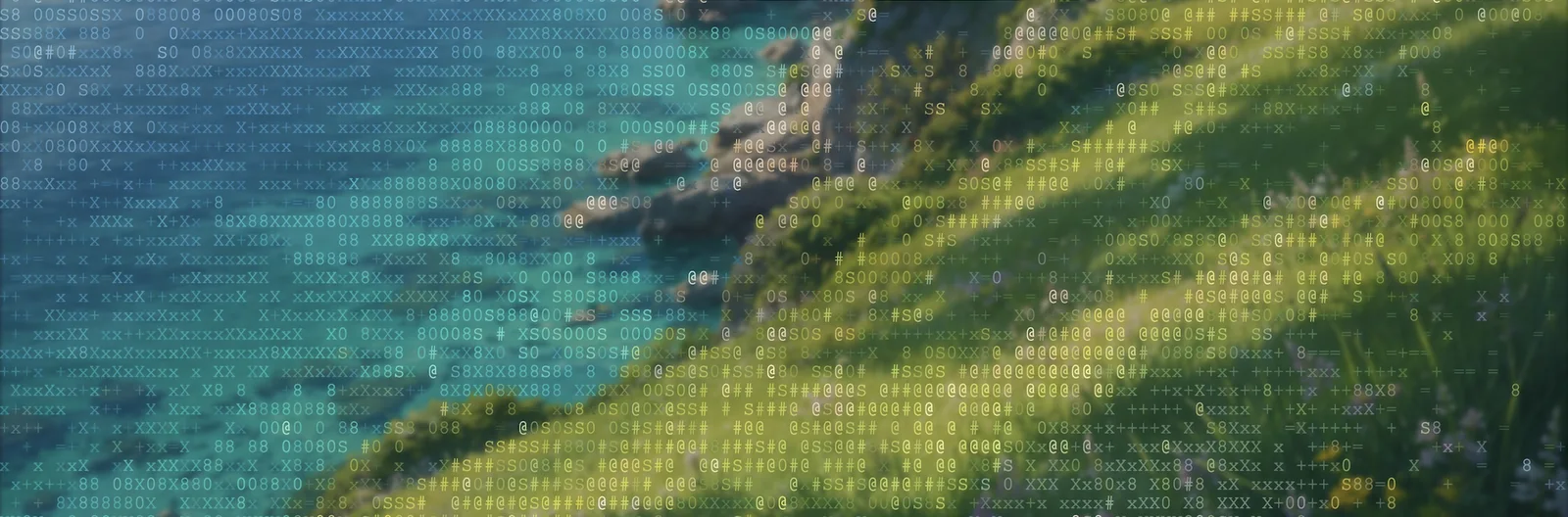 A coastline of turquoise shallows and green cliffs, rendered as a grid of ASCII characters.
